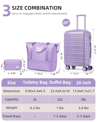 LARVENDER Carry on Luggage Sets 3 Piece, 20in Suitcase Set, Glossy Lavender - color: Glossy Lavender 20in, size: 3 Piece Set (20/DB/TB)