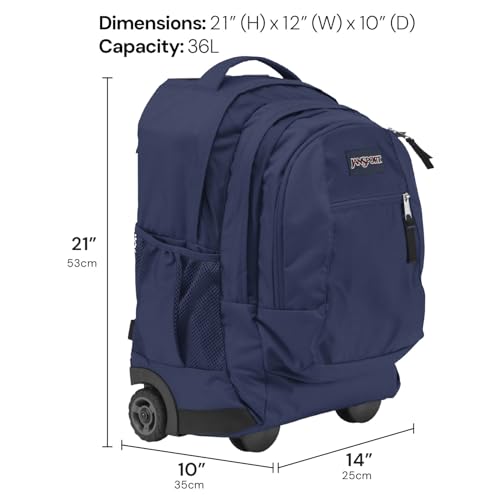 JanSport Driver 8 Rolling Backpack - Wheeled Travel Bag with 15-Inch Laptop Sleeve, One Size, Navy - color: Navy