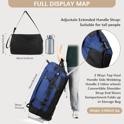 Rolling Duffle Bag with Wheels,86L 30”Carry on Luggage with Wheels,Folding Travel Bag,Duffle Backpack with Separate Shoe Compartment (Dark Blue) - color: dark blue, size: 86L duffle bag