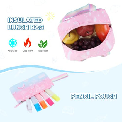 3PCS Rainbow Butterfly Rolling Backpack for Girls w/ Lunch Box (Pink Blue) - color: Pink Blue