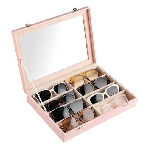 Frebeauty 8-Slot Sunglass Organizer,Sunglass Holder with Clear Lid - color: Pink, size: With Lid