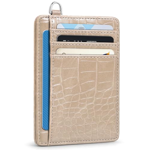 Coco Rossi Crocodile Wallet Women Slim Credit Card Holder with Keychain - color: A Sand Beige Croc