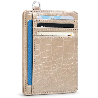 Coco Rossi Crocodile Wallet Women Slim Credit Card Holder with Keychain - color: A Sand Beige Croc