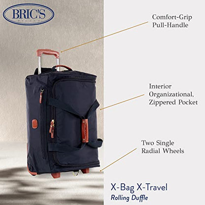 Bric’s X-Bag 21” Rolling Duffel, Water-Resistant Recycled Nylon Carry-On with Silent Wheels & Leather Details - color: Navy