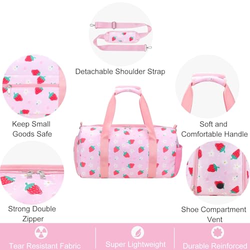 Gym Travel Duffle Bag for Girls - Gymnastics Sports Dance Bag with Shoe Compartment & Wet Pocket Panda Kids Travel Bag Teens Weekender Sleepover Carry On Bag - color: Pink Strawberry