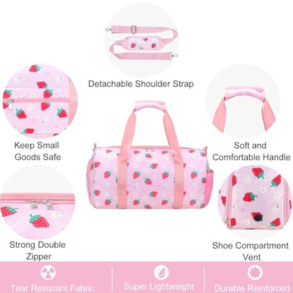 Gym Travel Duffle Bag for Girls - Gymnastics Sports Dance Bag with Shoe Compartment & Wet Pocket Panda Kids Travel Bag Teens Weekender Sleepover Carry On Bag - color: Pink Strawberry