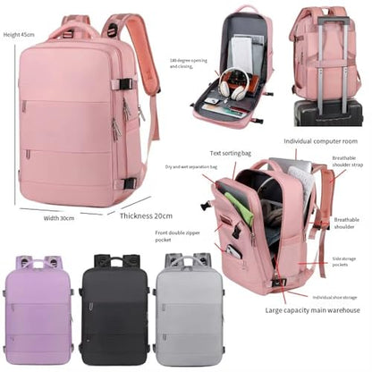 Travel Backpack for Women, Carry On Backpack with USB Charging Port Shoe Pouch, TSA 15.6inch Laptop Mochila Flight Approved (Pink) - color: Pink