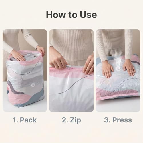 Reusable Compression Storage Bags 3 Pack, Standing Space Saver Bags for Clothes, Bedding, Comforters, Blankets, Closet Shelves, Dorm Rooms and Travel Packing