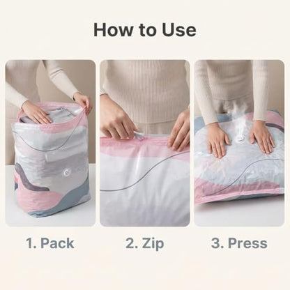 Reusable Compression Storage Bags 3 Pack, Standing Space Saver Bags for Clothes, Bedding, Comforters, Blankets, Closet Shelves, Dorm Rooms and Travel Packing