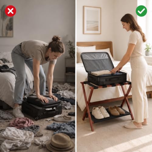 Luggage Rack, Fully Assembled Bamboo Foldable Suitcase Stand for Guest Room, 26.7-Inch Luggage Holder with Storage Shelf & 5 Nylon Straps, for Bedroom and Hote (1 Pack - Brown) - color: 1 Pack - Brown