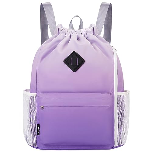 WANDF Drawstring Backpack with Shoe Compartment, Sports Gym Bag - color: L, Purple Gradient, size: Large