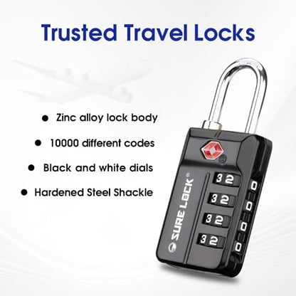 SURE LOCK TSA Approved 4-Digit Resettable Combination Luggage Locks with Open Alert, Easy-Read Dials - for Luggage, School Lockers, Gym, Office, Toolbox & Security Cases (Black 2 Pack) - color: BLACK 2 PACK