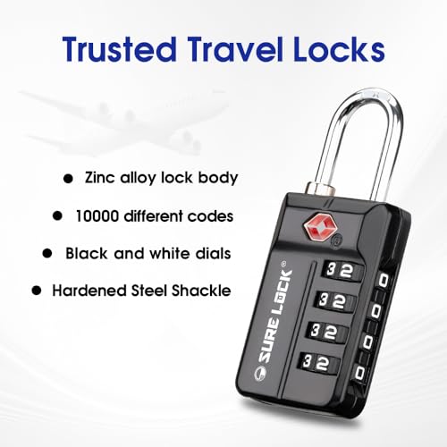 SURE LOCK TSA Approved 4-Digit Resettable Combination Luggage Locks with Open Alert, Easy-Read Dials - for Luggage, School Lockers, Gym, Office, Toolbox & Security Cases (Black 2 Pack) - color: BLACK 2 PACK
