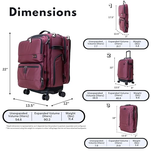 Trilogy All-In-One Bundle: 3-Part Modular Rolling Pack and 8 Perfect Fit Packing Cubes and a padded hip belt. Get 3 bags in 1 (Zinfandel) - color: Red