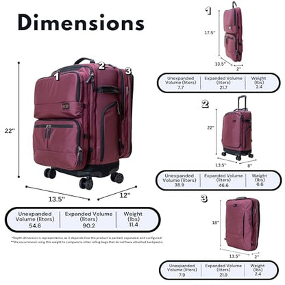 Trilogy All-In-One Bundle: 3-Part Modular Rolling Pack and 8 Perfect Fit Packing Cubes and a padded hip belt. Get 3 bags in 1 (Zinfandel) - color: Red
