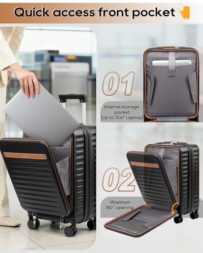 Joyway 20 Inch Carry On Luggage with Front Pocket and Cup Holder, Black - color: Black, size: 20 Inch