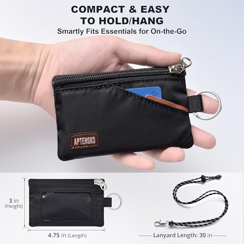 RFID 차단 여행용 지갑, 조절 가능한 랜야드 포함, 작은 나일론 지퍼 파우치 및 신분증, 신용 카드, 현금, 열쇠, 통근자용 배지 홀더, 블랙., 끈이 달린 RFID 차단 여행용 지갑 - color: 블랙.