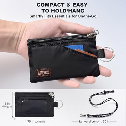 RFID 차단 여행용 지갑, 조절 가능한 랜야드 포함, 작은 나일론 지퍼 파우치 및 신분증, 신용 카드, 현금, 열쇠, 통근자용 배지 홀더, 블랙., 끈이 달린 RFID 차단 여행용 지갑 - color: 블랙.