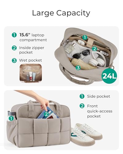 BAGSMART Gym Bag for Women, Personal Item Puffer Duffle Bag, Weekender Overnight Carry On Tote Handag for Travel - color: Camel