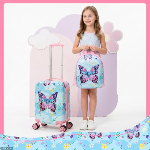 Kid's Hardshell Luggage Sets 4 Piece Rolling Suitcases with Wheels for Girls Women 16" Carry on Luggage Toddler Travel Suitcase Set - color: Pink Butterfly