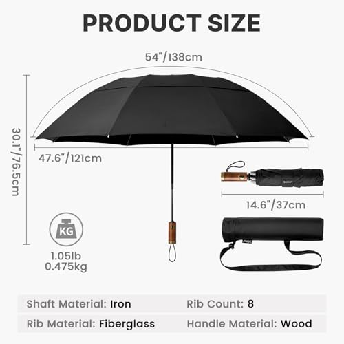 G4Free 54 Inch Inverted Windproof Umbrella with Wooden Handle Rain Umbrella - color: Black
