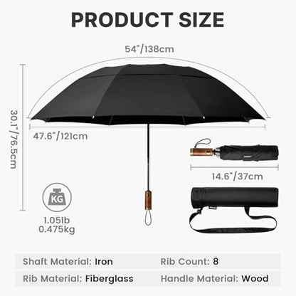 G4Free 54 Inch Inverted Windproof Umbrella with Wooden Handle Rain Umbrella - color: Black