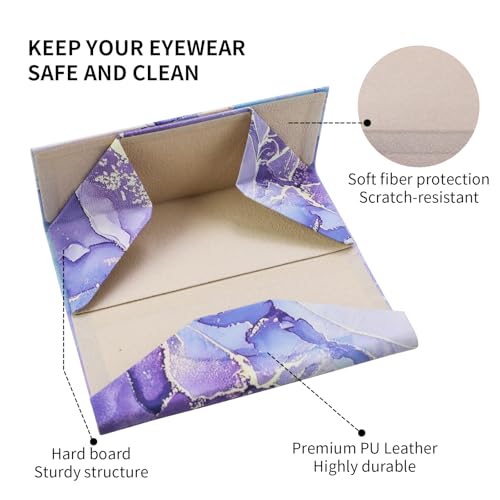 Foldable Glasses Case, Magnetic PU Leahter Sunglasses Case, Cute Hard Shell Folding Eyeglass Cases for Women Kids - color: Purple Marble