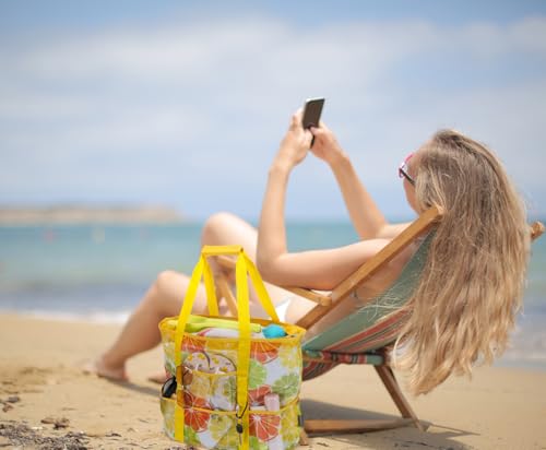 KABAQOO Mesh Beach Bag, Extra Large Beach Bags with 9 Pockets & Zipper Waterproof Lightweight Beach Tote for Beach/Pool Trip - color: Lemon, size: X-Large