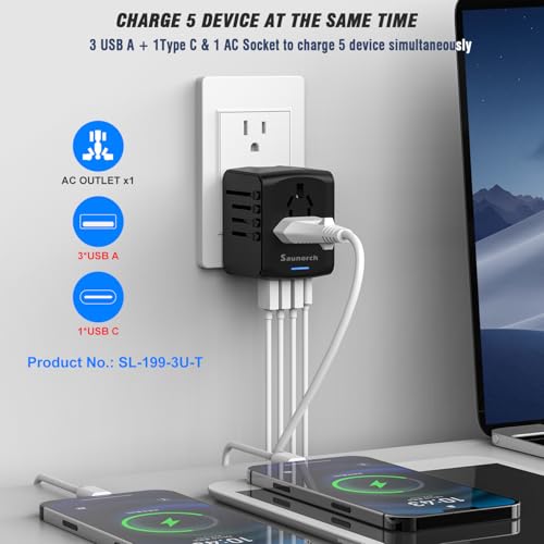 SAUNORCH Universal International Travel Power Adapter, AC Outlet | High Speed 2.4A USB & 3.0A Type-C Charger for Europe UK US AU Asia, Black