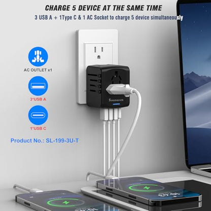 SAUNORCH Universal International Travel Power Adapter, AC Outlet | High Speed 2.4A USB & 3.0A Type-C Charger for Europe UK US AU Asia, Black