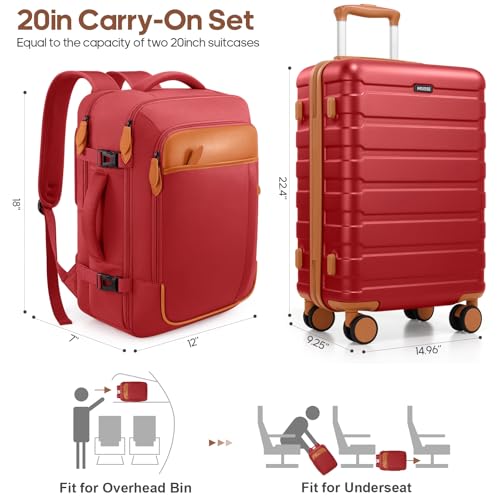 Carry on Luggage, Suitcase Set 3Piece with Backpack YKK zippers - color: Red