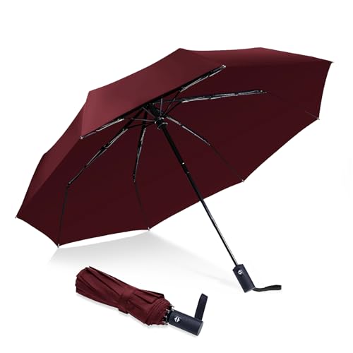 NPCQUN Travel Essentials Umbrella Windproof Compact Collapsible Light, Automatic, Strong and Portable, Wind Resistant Folding Small Umbrella for Rain - color: Winered