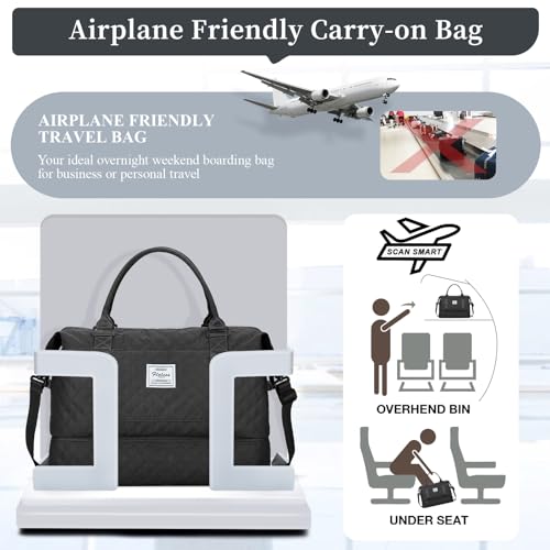 Weekender Bags for Women, Travel Duffel Bag with Shoes Compartment - color: Grid-Black, size: Large