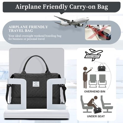 Weekender Bags for Women, Travel Duffel Bag with Shoes Compartment - color: Grid-Black, size: Large