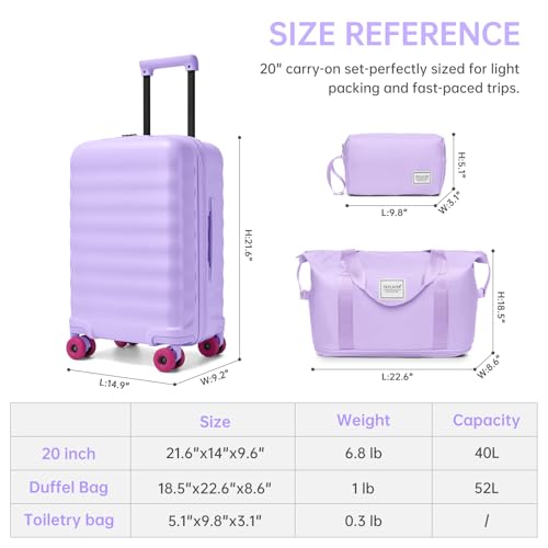Carry On Luggage Set 3 Piece, Carry-on Suitcase With Wheels - color: DT-Lavender