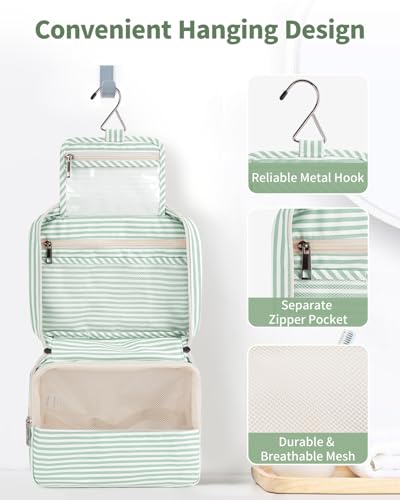 Narwey Hanging Travel Toiletry Bag for Women, Travel Makeup Organizer Bag - color: ZB-Mint Green Stripe