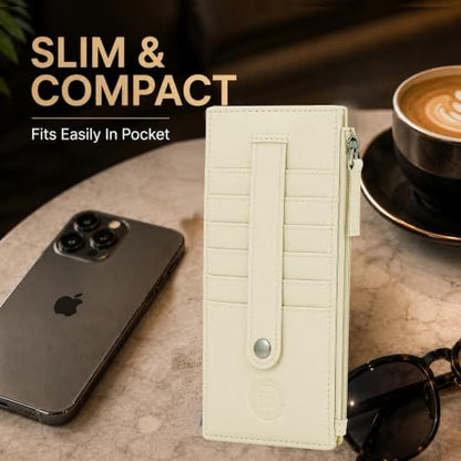Leatherboss Genuine Leather Women's All in One Credit Business Card Case Holder Slim Zipper Wallet With a Card Protection Strap, Cream - color: Cream