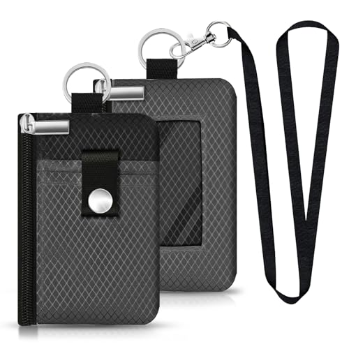 Minimalist RFID Blocking Small Wallet with ID Window,WaterResistant Zip Id Case Wallet with Lanyard Keychain for Cards,Cash,Travel,Women,Men (DarkGrey/Black) - color: DarkGrey/Black