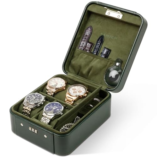 Watch Travel Case with Combination Lock - 4 Watch Storage and Jewelry - color: Green