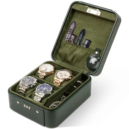 Watch Travel Case with Combination Lock - 4 Watch Storage and Jewelry - color: Green