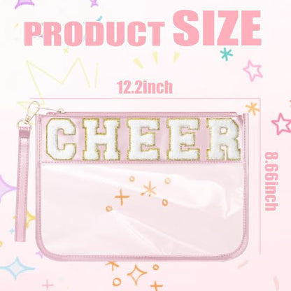 BuyCard Cheer Chenille Letter Bags Clear Makeup Bag, Cheerleader Gifts Cosmetic Bag, Varsity Preppy Patch Flat Pouch Cheer Accessories, Waterproof PVC Organizer Toiletry Bag for Women Girls Mint Pink - color: Pink-Cheer