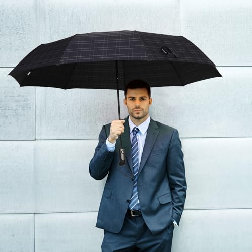 54 inch Large Compact Travel Umbrella 3 Folding Umbrellas for Rain Oversized Auto Open Close Foldable Vented Double Windproof Telescopic 9 Ribs Sturdy Large Size - color: Checked(293)