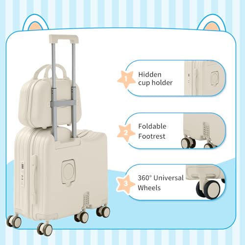 TABU Ride On Luggage Set with Bag, Carry On Suitcase for Kids, White - color: White