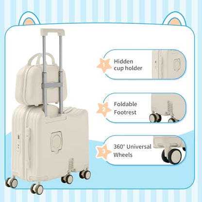 TABU Ride On Luggage Set with Bag, Carry On Suitcase for Kids, White - color: White