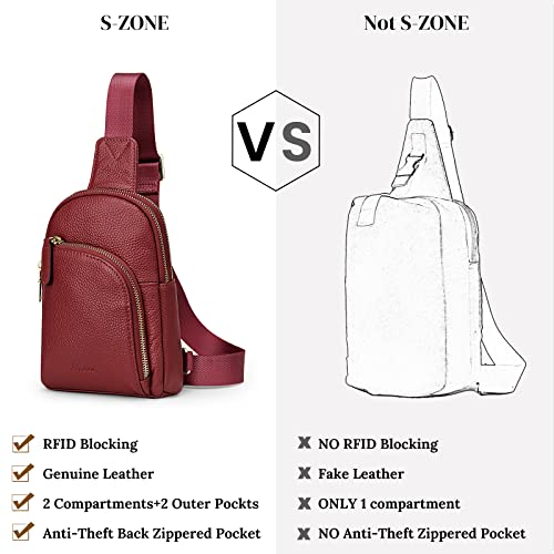 S-ZONE Genuine Leather RFID Blocking Small Sling Bag Women Crossbody Fanny Packs - color: Wine Red, size: Medium