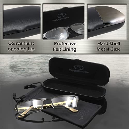 MyEyeglassCase Men Small Glasses case - Eyeglasses Hard Shell Holder Pouch & Cloth-Reading Slim & Narrow Case Heavy Duty - color: Black Classic