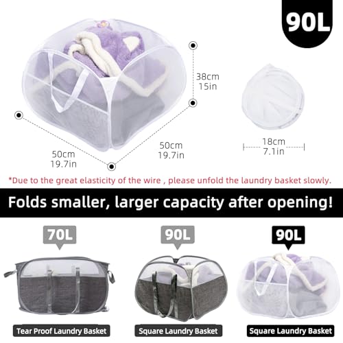 Collapsible Laundry Basket, 90L Mesh Pop-up Hamper with Handles - color: White, size: Square-Mesh，2 Pack