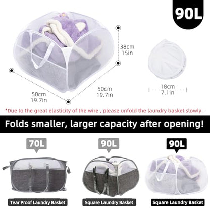Collapsible Laundry Basket, 90L Mesh Pop-up Hamper with Handles - color: White, size: Square-Mesh，2 Pack