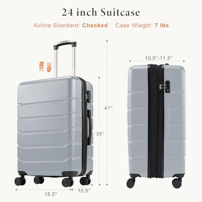 NEWBULIG 24 Inch Checked Luggage, Expandable Suitcase with Spinner Wheels - color: Light Grey, size: 24 Inch