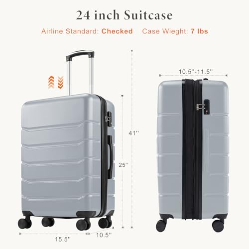 NEWBULIG 24 Inch Checked Luggage, Expandable Suitcase with Spinner Wheels - color: Light Grey, size: 24 Inch